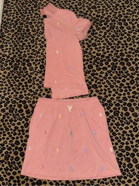 Ralph Lauren Pink Polo Tee & Skirt Set with Multicolor Embroidered Logos